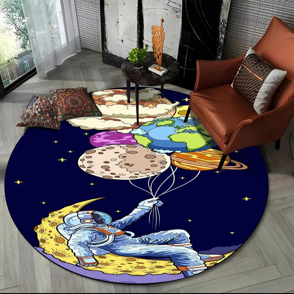 Cartoon Astronaut Round Carpet Universe Outer Space Planet Print Area Rug Anti-Slip Kid Bedroom Nursery Playroom Crawl Floor Mat