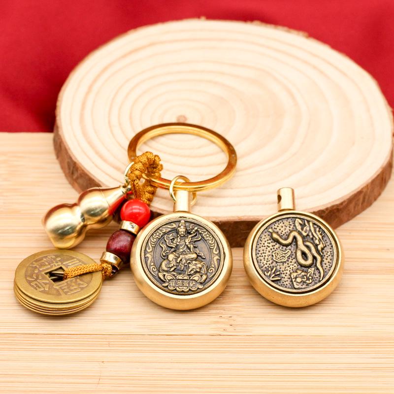 Rotating Brass Zodiac Signs Vermilion Gourd Keychain for Wealth & Treasures