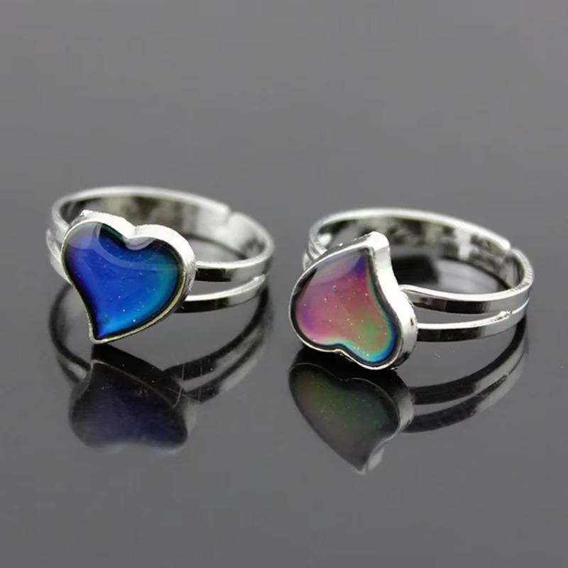 2Pcs Big Love Heart Mood Shaped Color Changing Silver Couple Rings Adjustable Ring Women Arts Crafts Fashion Gift Jewelry