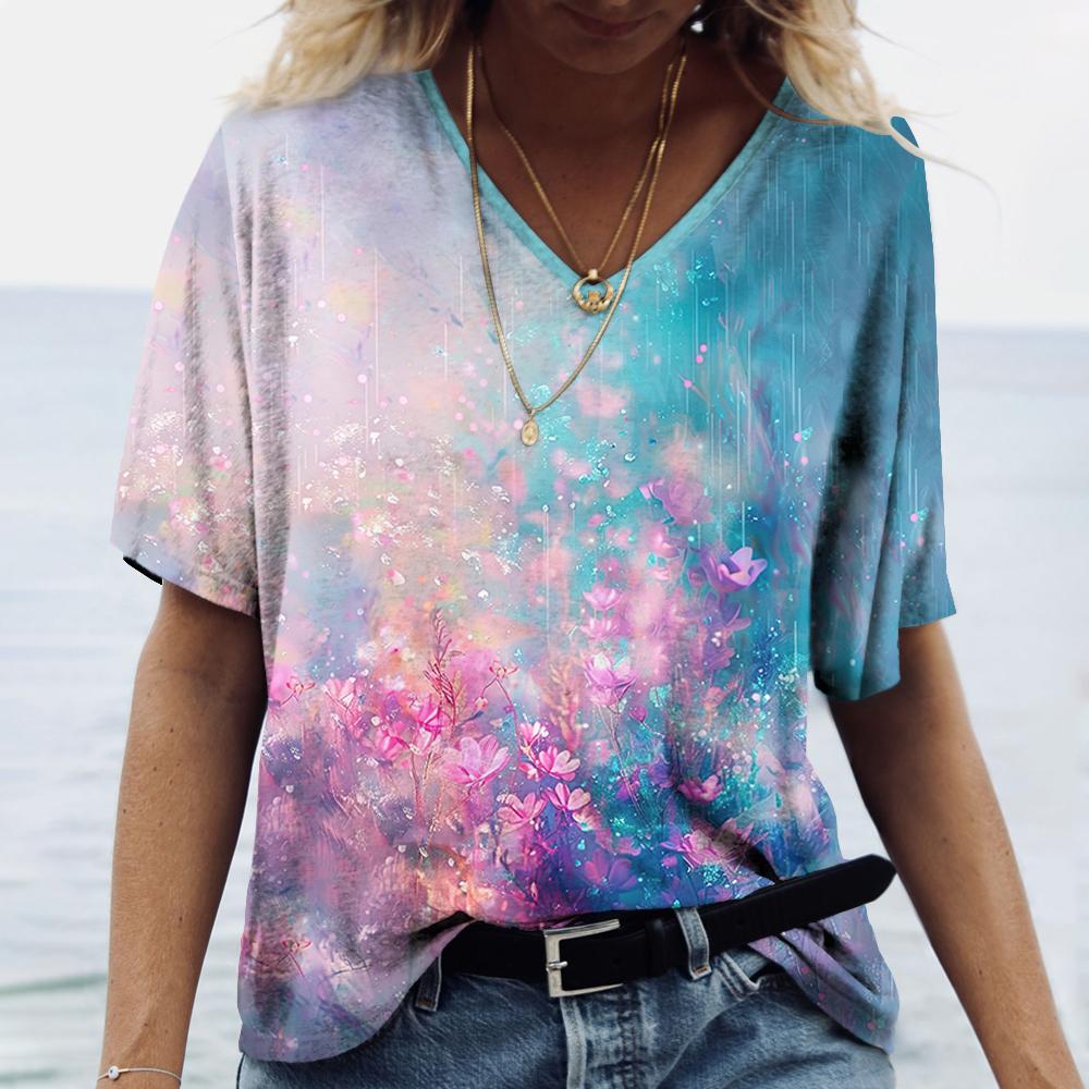 V-neck Women's Short Sleeve Summer Outdoor Casual T-shirt Tops Flower Printed Patterns Fashion