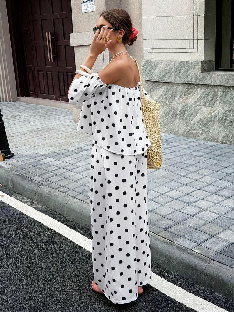 European & American Style Women's Polka Dot Off-the-Shoulder Set - Spring/Summer 2026 Fashion for Casual Commutes