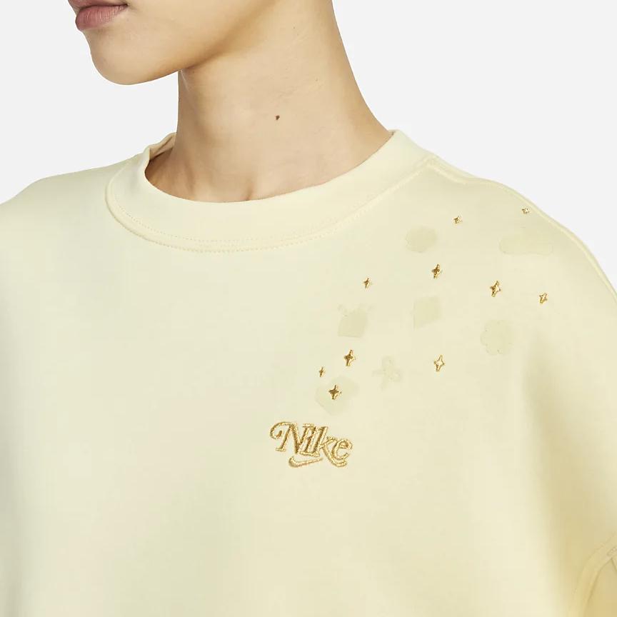 Nike Logo Patch Fleece-Lined Crew Neck Sweatshirt Women Tops Yellow FB1918-744