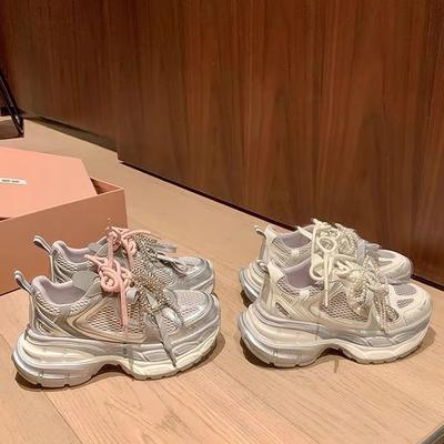 Cowhide Version~ Long Height 75mm Double Layer Thick Sole Heightening Front Lace-up Breathable Mesh Casual Sports Shoes Female Dad Shoes