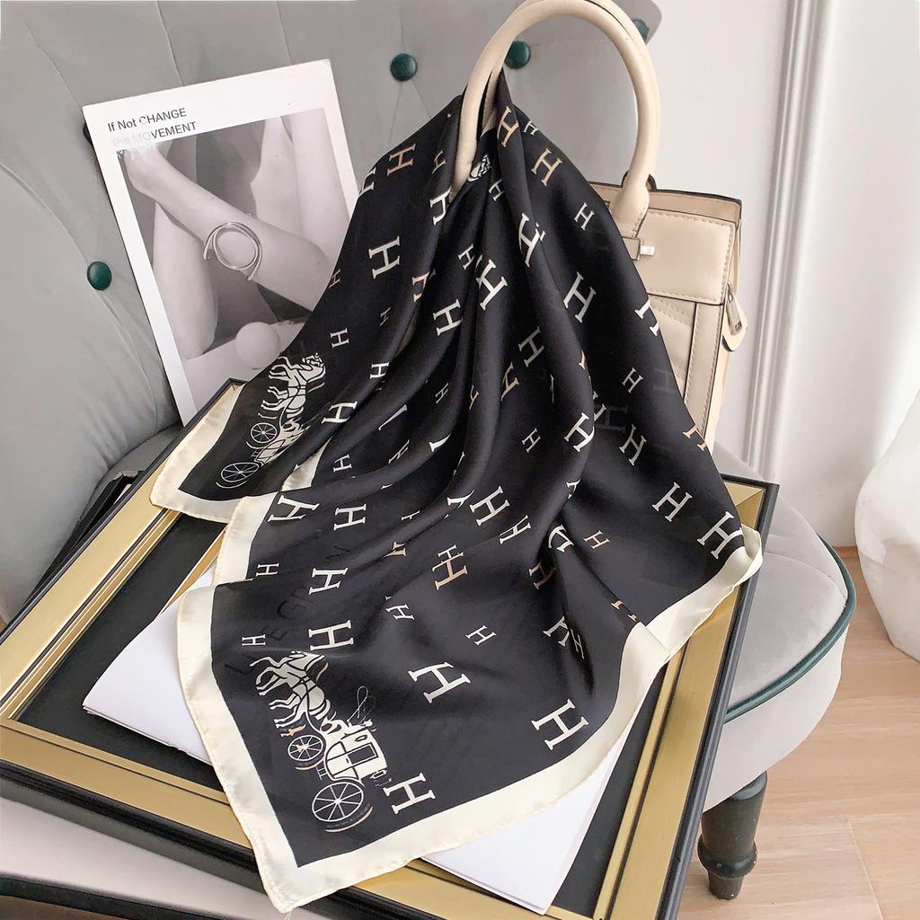 Silk scarf female stripe black and white printing spring and summer new decoration simple fashion simulation silk square scarf