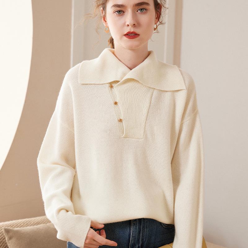 Women's Solid Color Cashmere Lapel Knit Sweater - Long Sleeve, Loose Fit, Warm Pullover for Autumn & Winter