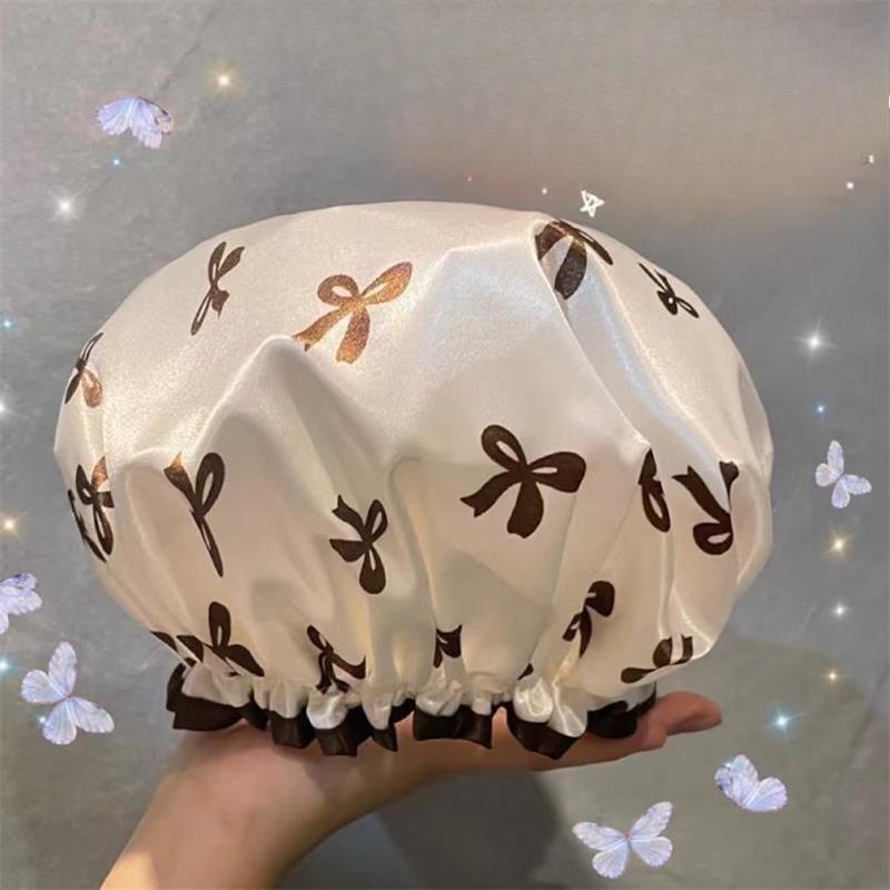 Double-Layer Shower Cap Waterproof New Fashion Bow Pattern Reusable Bathing Hat Kitchen Oil-proof Sanitary Hat