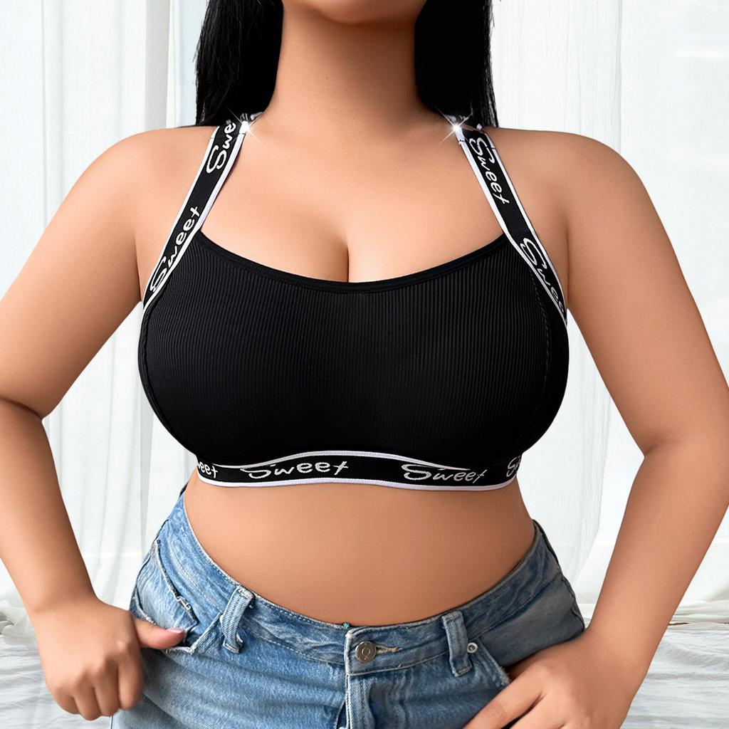 Plus Size Letter Print Ribbed Wireless Sports Bralette