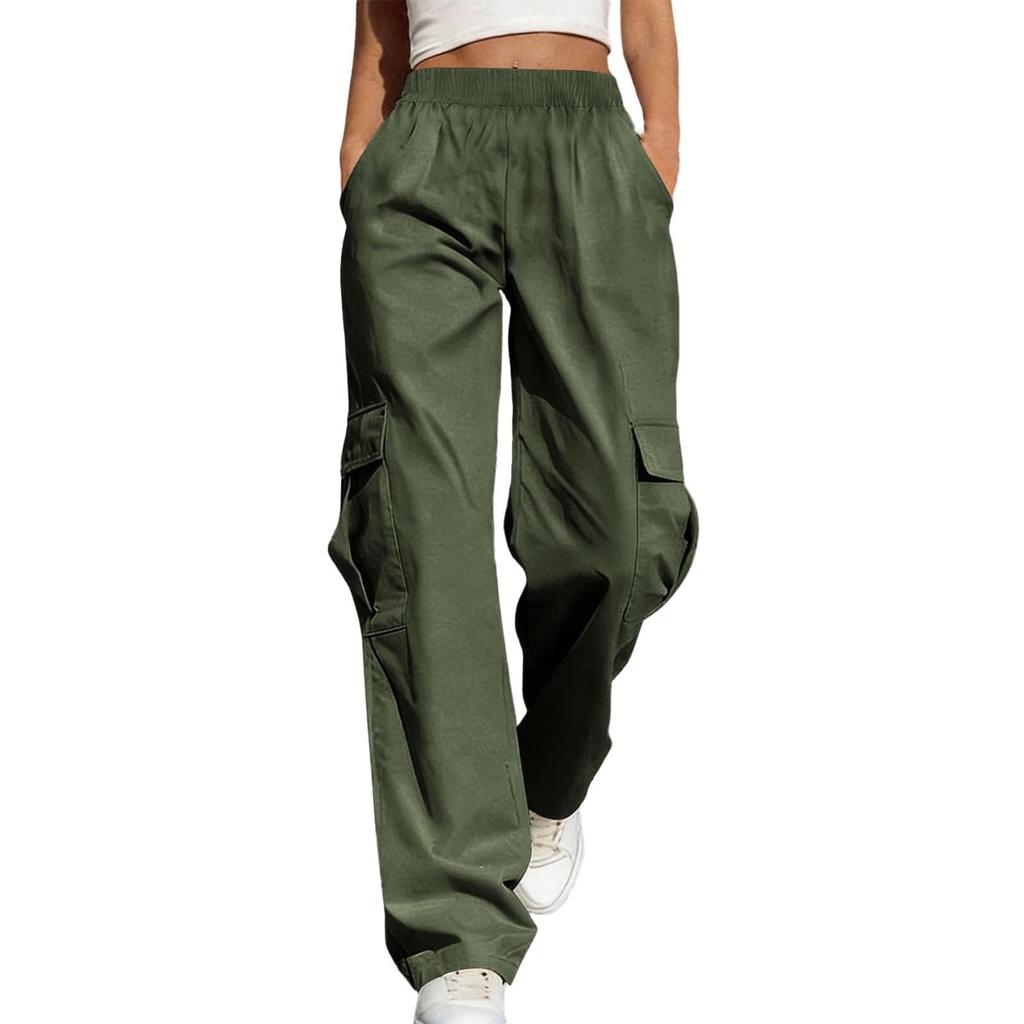 Women's Casual -Color Workwear Pants With Multiple Pockets And Wide Legs