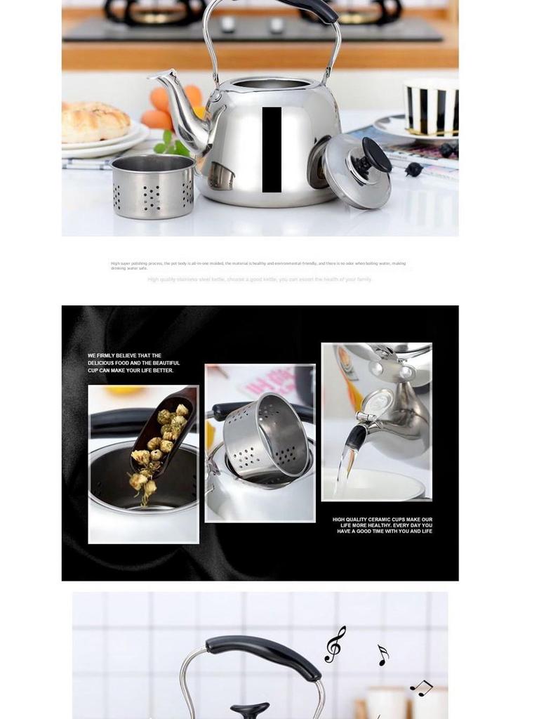 Fortykket rustfritt stål lydkjel for husholdningsgass- og induksjonskomfyrer, stor kapasitet