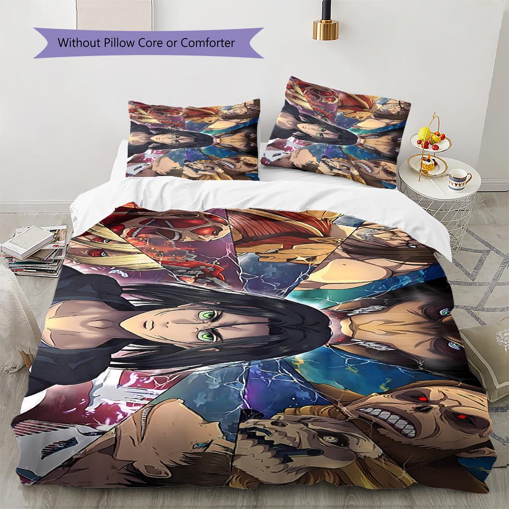 Attack on Titan Pattern Bedding,Quilt Set Quilt Cover Pillowcase Home Birthday Gift (1 * duvet cover + 2 * pillowcase, without core)