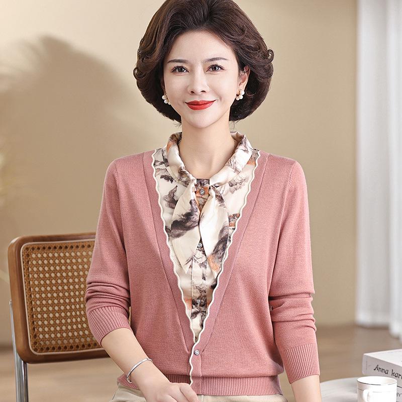 Stylish Spring/Autumn Knit Sweater: Faux Two-Piece Design for Middle-Aged Women