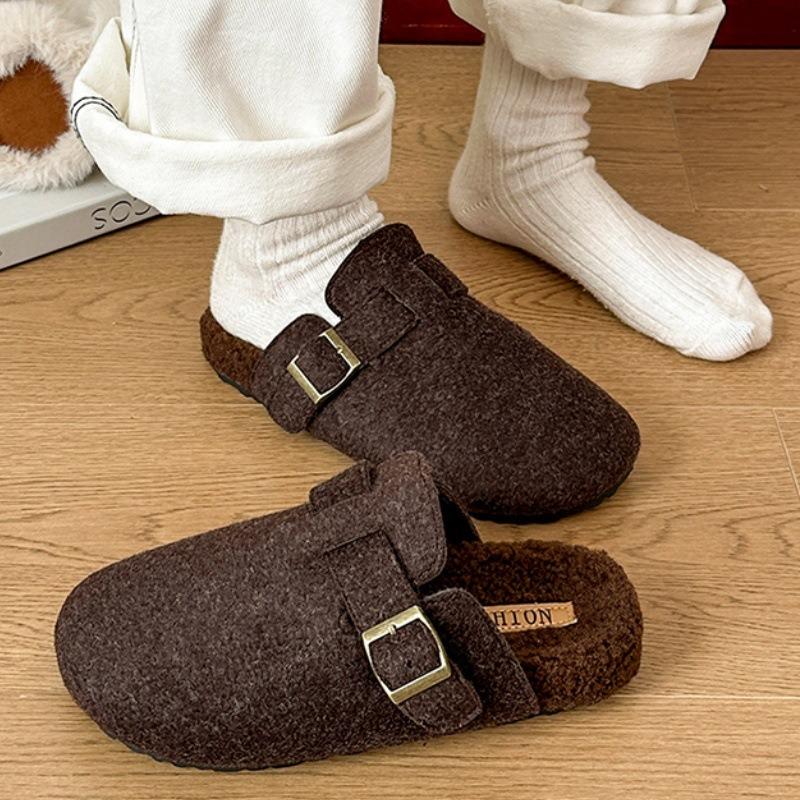 Design sense retro thick bottom velvet bag head half drag autumn and winter new warm wool cotton slippers