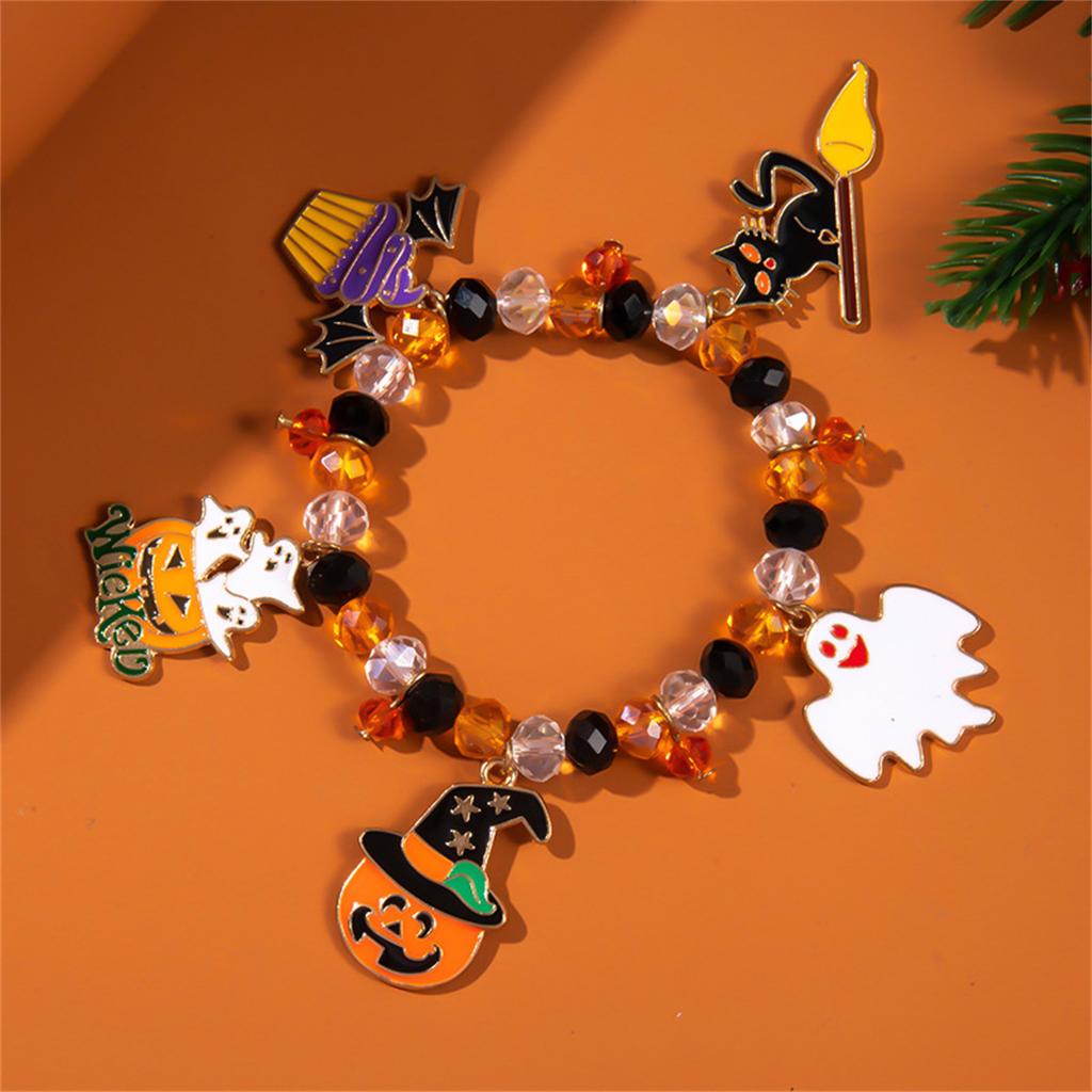 Funny Halloween Witch Hat Pumpkin Black Cat Ghost Cobweb Bracelets For Women Men Vintage Spider Crystal Beads Bracelet Jewelry