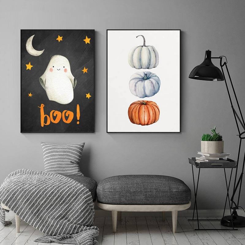 Halloween Canvas Painting Cute Cartoon Ghost Pumpkin Skull Quote Sign Wall Art Poster Print  Picture Kids Living Room Home Decor No Frame