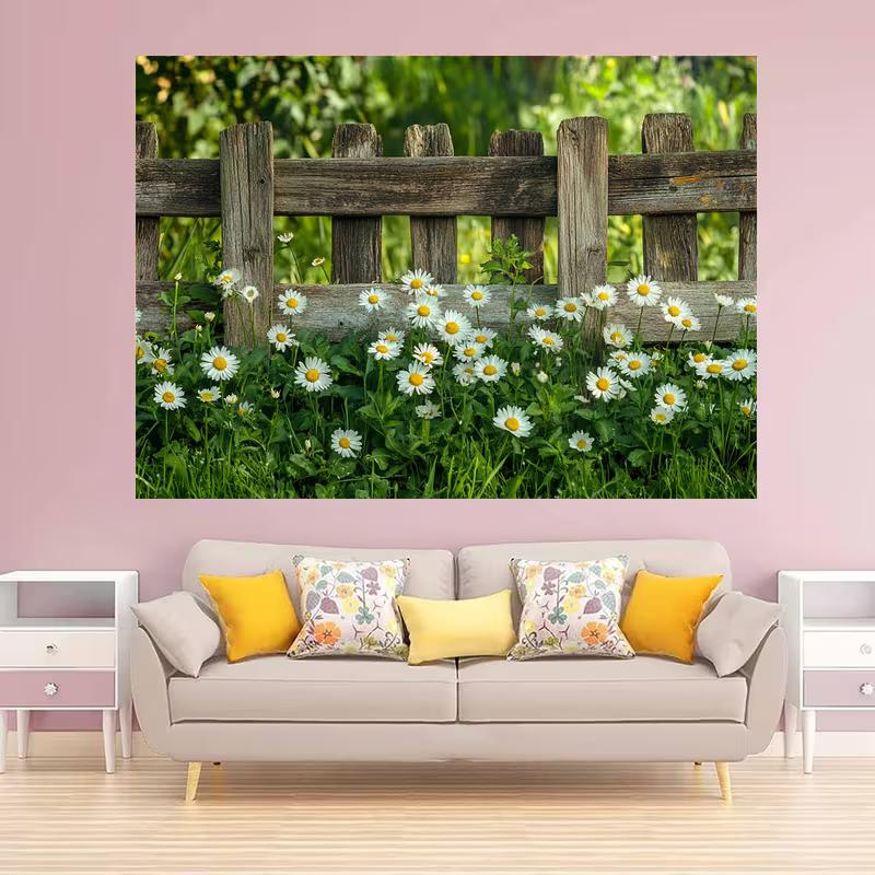 Rustic Garden Fence and Daisy Backdrop 150x100cm Spring Floral Scene Photography Background Banner
