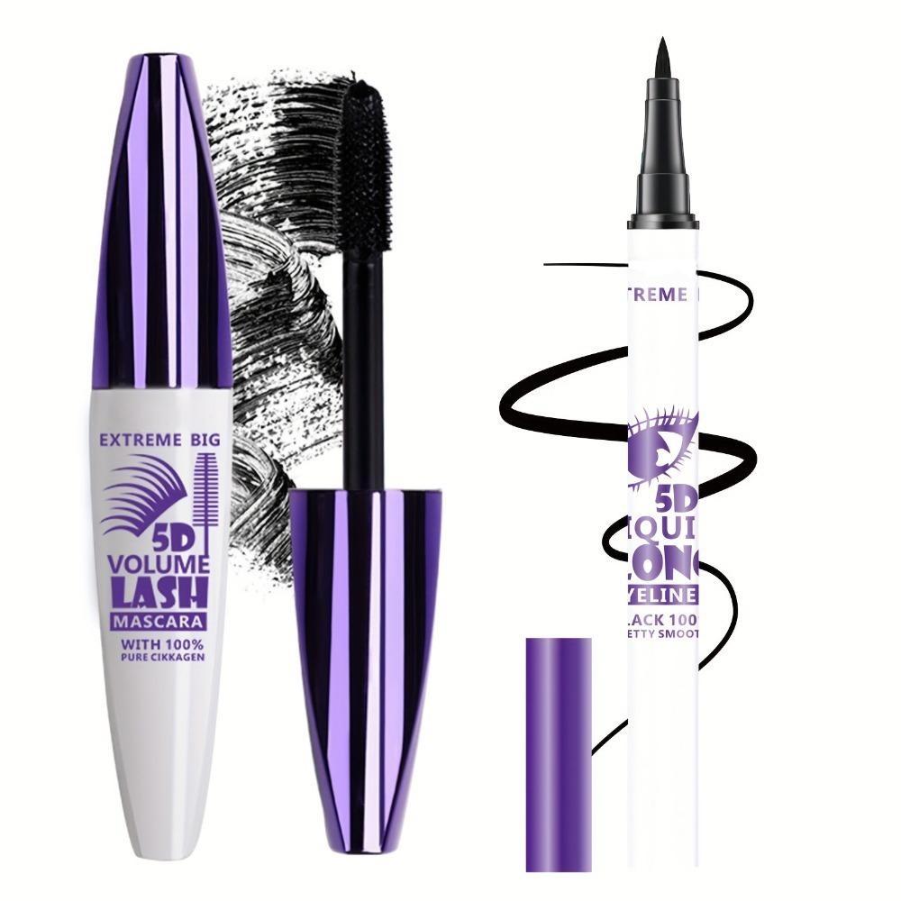 

1 набір 2-в-1 ультраоб’ємної туші та підводки для очей – 5D вій, швидковисихаючі, стійкі, підкручування, подовження, збільшення об’єму, водостійка формула 1set of 2pcs чорний