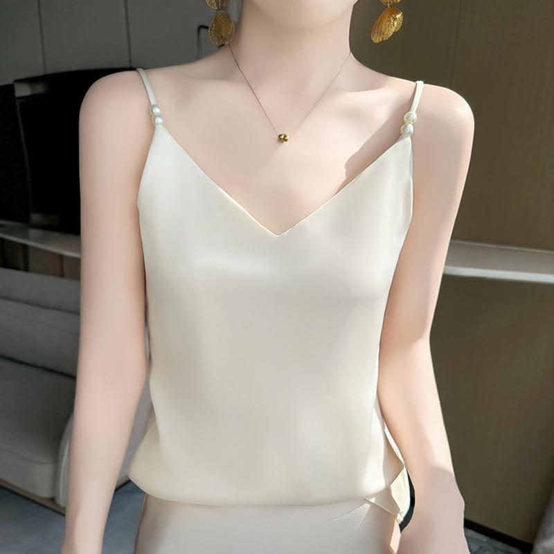 Women's Versatile Summer V-Neck Pearl Strap Satin Tank Top
