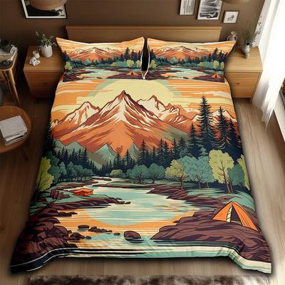 Mountains And Rivers Three-Piece Digital Printed Bedding Set Vintage Adventure Theme Bed Cover