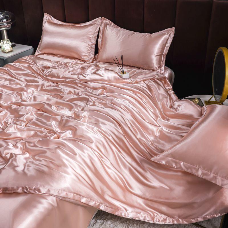 Double-sided four-piece set silky cool solid color three-piece set bed sheet quilt cover summer cool bedding