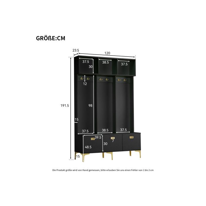 Meuble D’entrée - MUVOE - Arbre De Couloir - Noir - Banc De Rangement - 6 Crochets Dorés