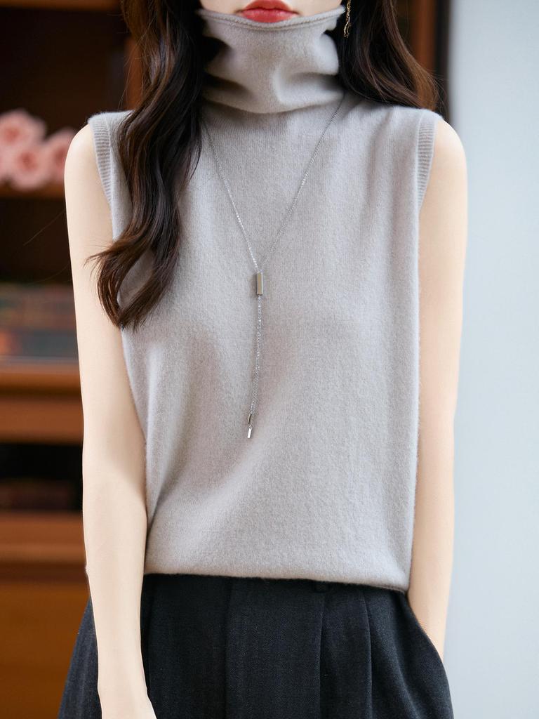 100% Pure Wool Sleeveless Women's Knit Vest with Stacked Collar for Autumn/Winter