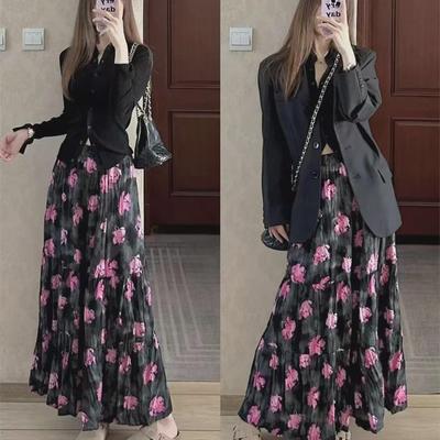 Jupe Maxi Chiffon Plissée Florale Rétro Française Taille Haute 2024