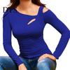 Women Top Sexy Tops Skew Collar Slanted Shoulder Bottoming Body Curves Enhancing Hollow Design Slim Fit Solid Color Long-Sleeved T-Shirt Long-sleeved