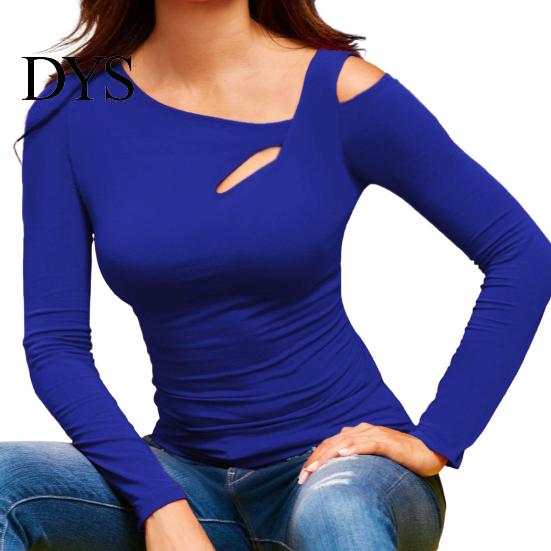 Women Top Sexy Tops Skew Collar Slanted Shoulder Bottoming Body Curves Enhancing Hollow Design Slim Fit Solid Color Long-Sleeved T-Shirt Long-sleeved