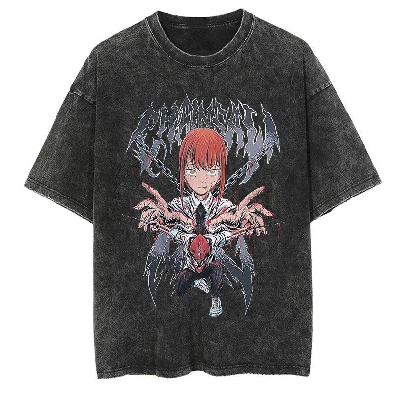 Nouveau T-shirt de haute qualité Chainsaw Man Anime pour hommes et femmes en coton avec impression lavée vintage Streetwear Rétro Hauts de Sport Fitness