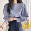 Ladies Spring Autumn Puff Sleeves Round Collar Solid Color Loose Pullover Casual Shirt Top