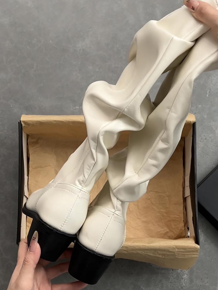 Winter Cosy Soft Leather Pleated Women Western Cowboy Boots Fashion Thick Heels Party Shoes British Style Long Booties Shoes