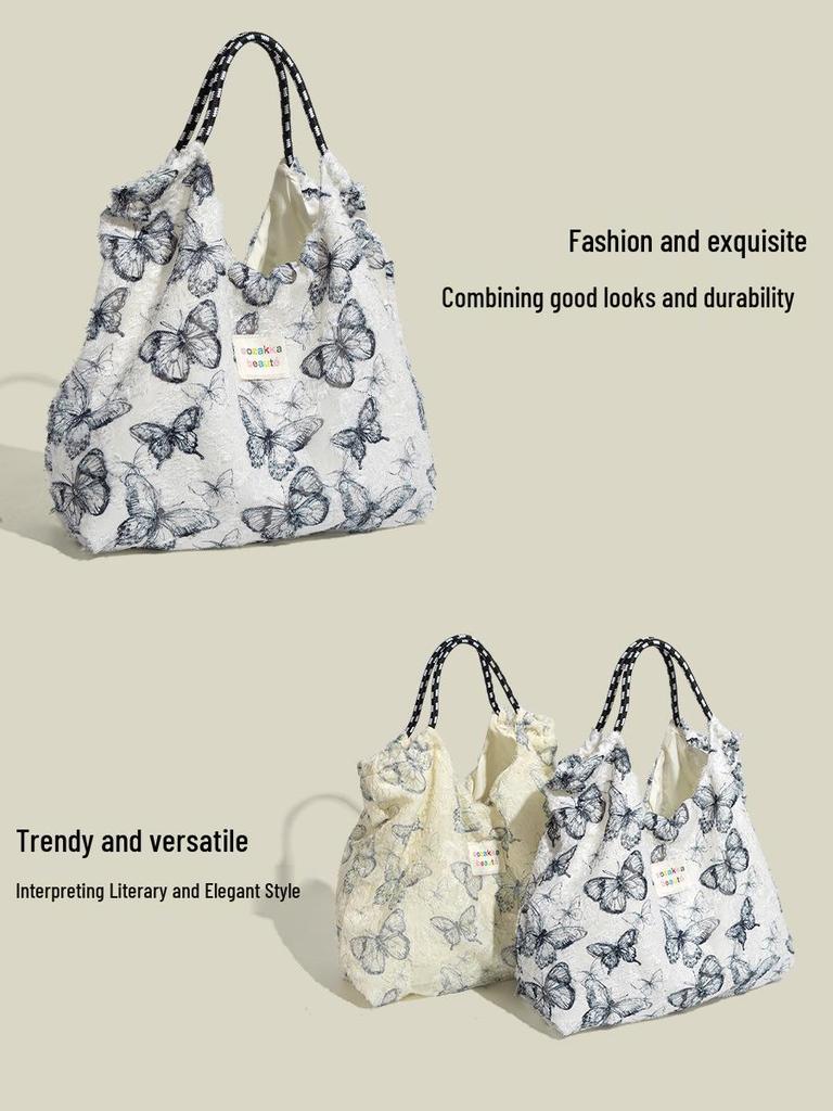 Geantă de pânză elegantă cu fluture din dantelă Mao Yun - Geantă de mână mare pentru femei Primăvară/Vară