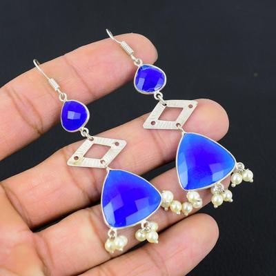 Töchtertag Sale Blaue Saphirstein Hängeohrringe Handgefertigt 925 Silber