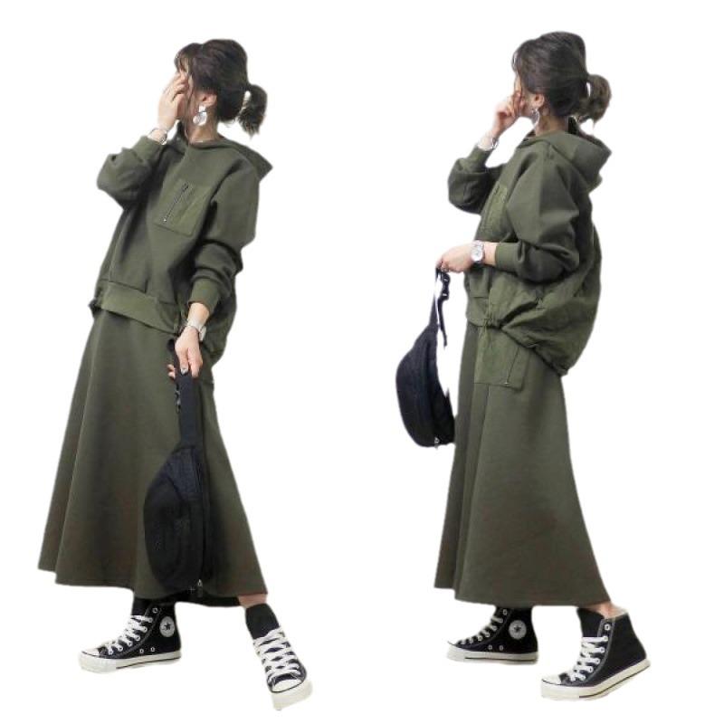 2024 Herbst/Winter Patchwork Sweatshirt & A-Linien Midirock Zweiteiler