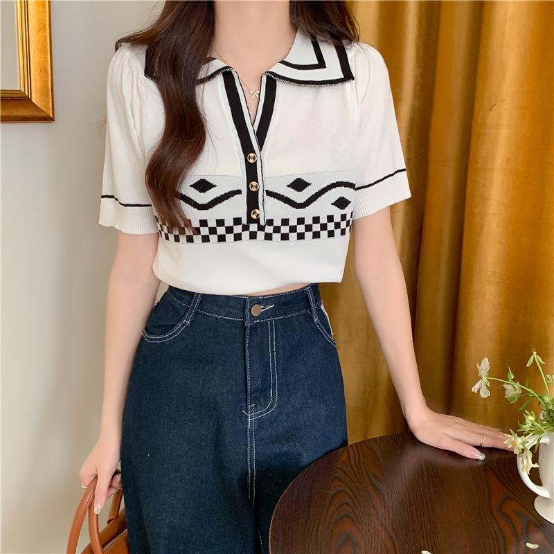 

Модный воротник с ретро-воротником, вязаный свитер, женский летний темперамент, топы для пожилых людей, повседневные летние базовые вещи, комфорт и стиль, облегающие свитера, футболки One Size белый