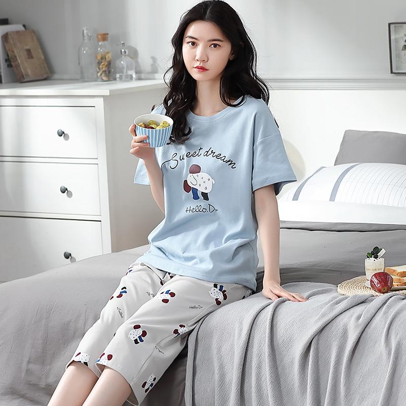Women's Summer Korean Cartoon Pajama Set - Short-Sleeved Top with Seven-Point Pants