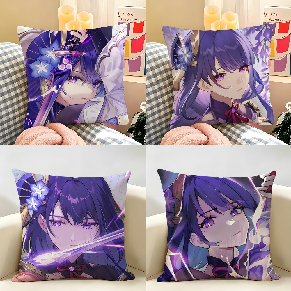 Raiden Shogun Genshin Impact Cushion Cover Natural Linen Organic Fabric DoubleSided Printing Room Sofa Decor Pillow Case