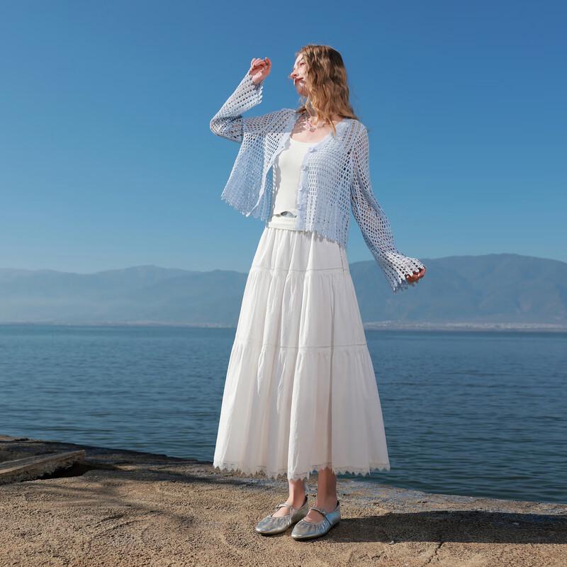 Sancai 2026 Spring High-Waist Pure Cotton A-Line Long Skirt