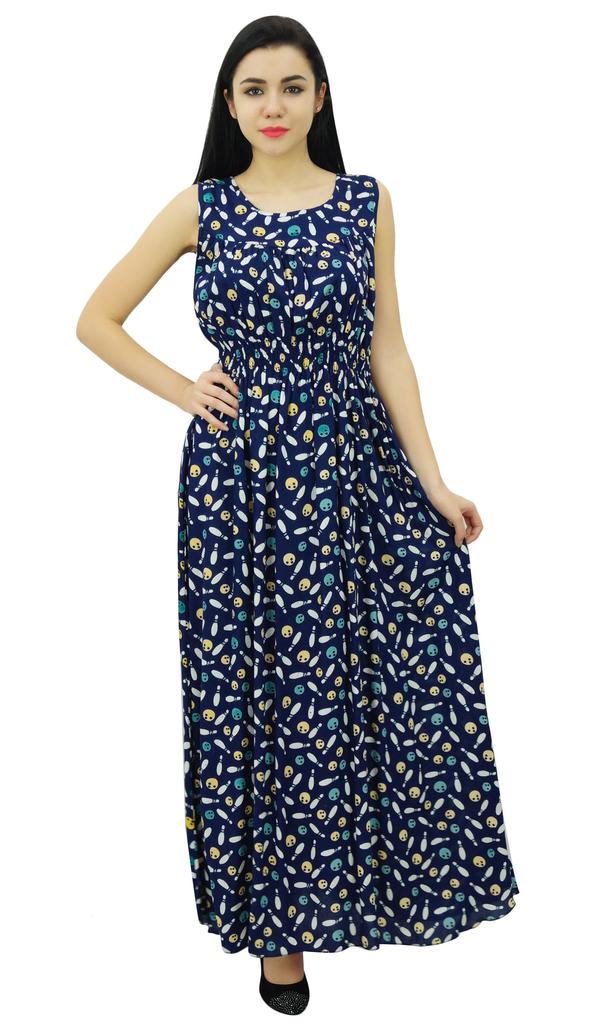 Bimba Women's Smocked Waist Maxi Dress Bowling Print Casual Summer Rayon