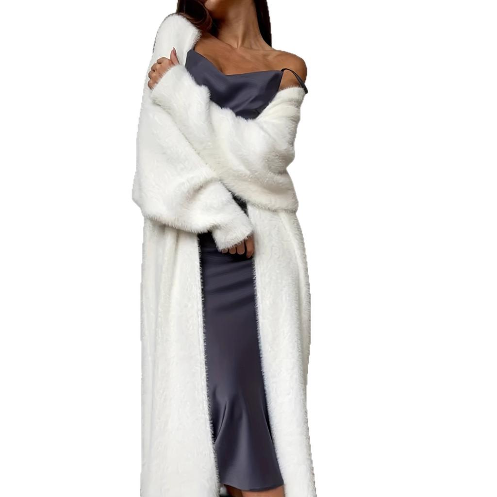Long White Knit Cardigan Coat with Open Front
