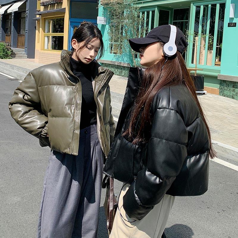 

Retro pu leather cotton clothes for women s winter new short fashion loose small bread clothes jacket S чёрный