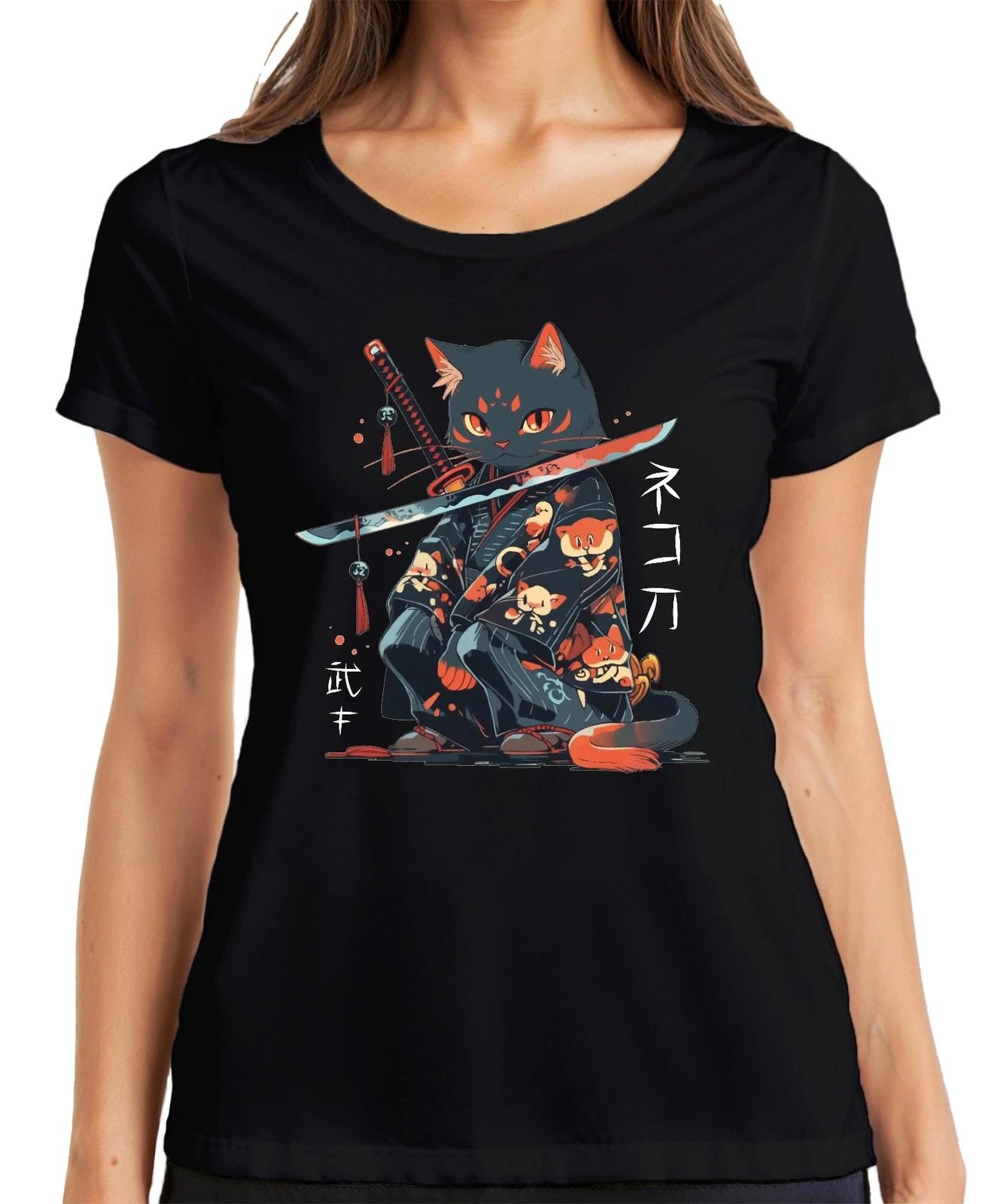 Samurai Katze Katana Kimono Kawaii Neko Japanisch Retro Manga Damen T-Shirt XL