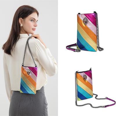 Mode Damen Taschen Regenbogen Patchwork Farbe Adler Kopf PU Leder Mini Schulter Umhängetasche Handytasche