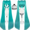 Synthetic Long Green Wig with 2 Ponytails for Women Long Straight Wigs with Bangs for Cosplay Wig for Halloween Party