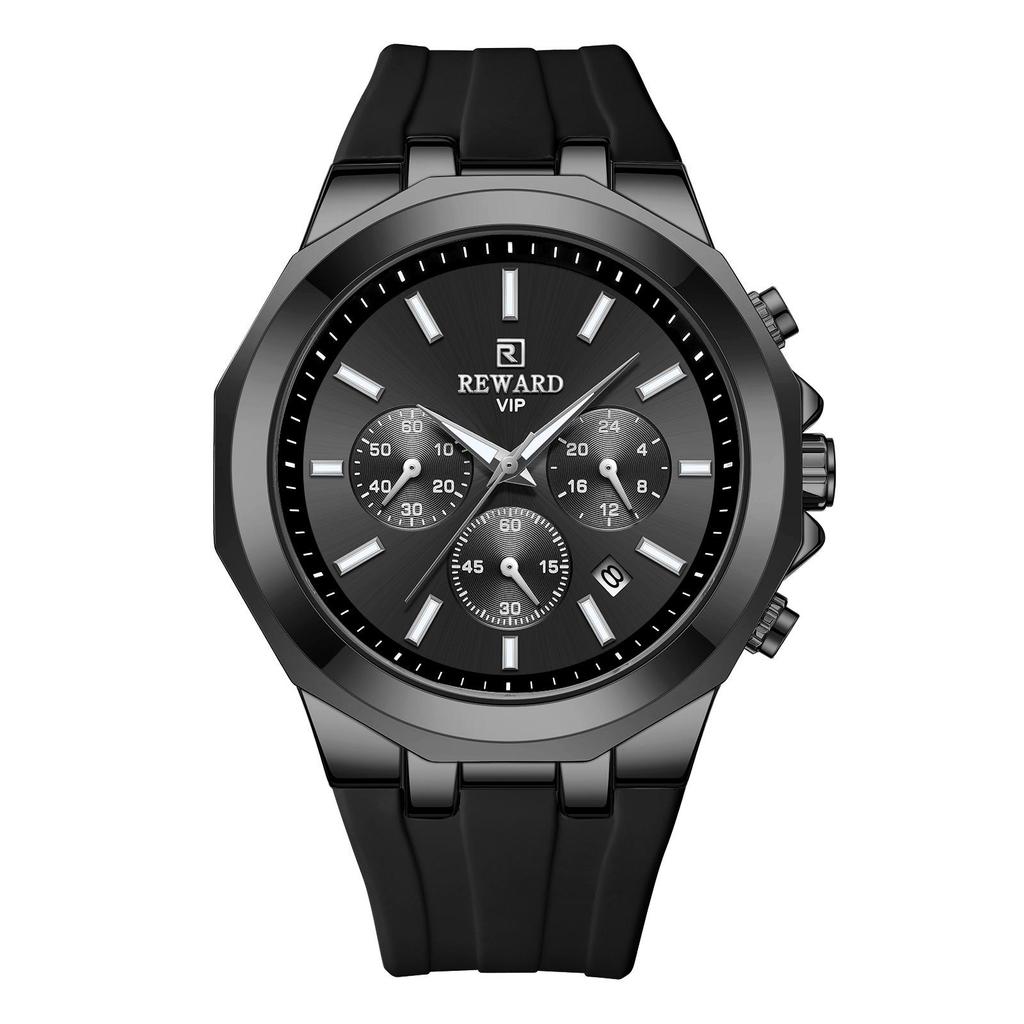 Men's Quartz Watch with Silicone Band, Multifunctional Design, Three Subdials, Six Hands, and Calendar.