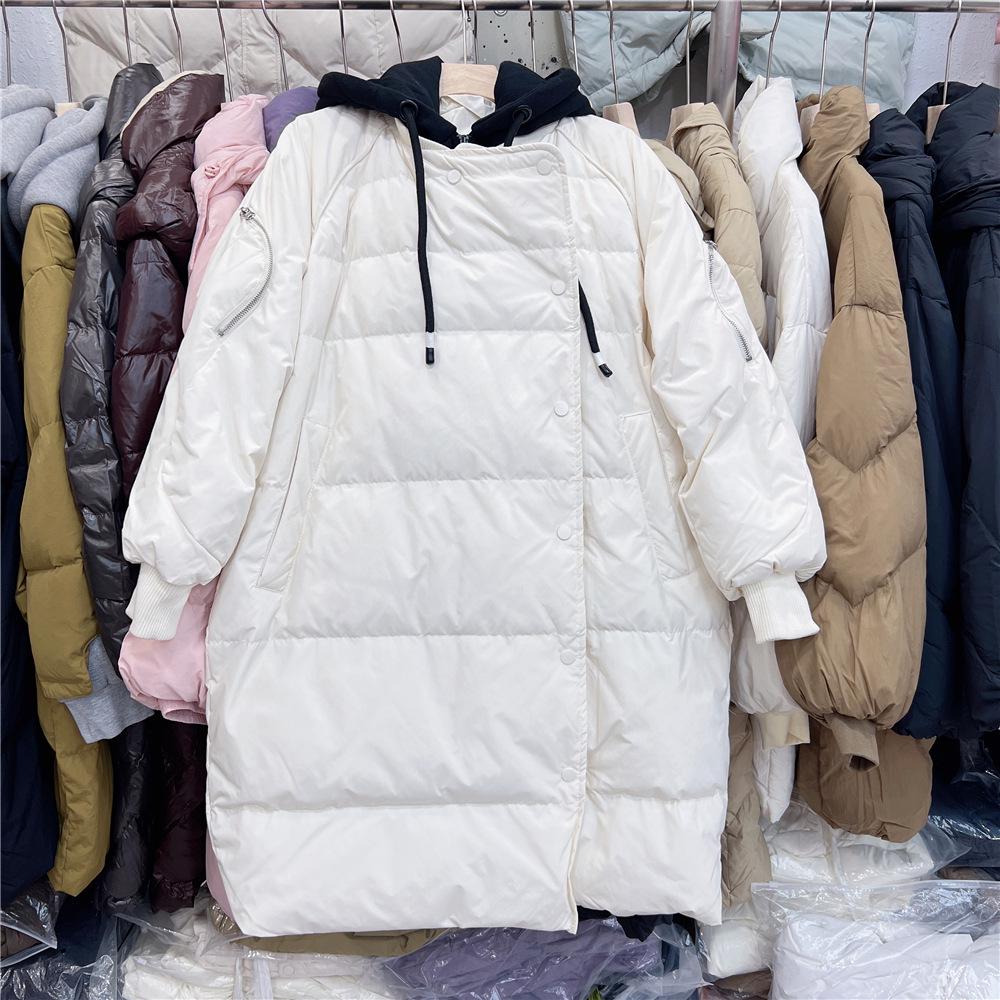 2023 Winter Women's Hooded Down Jacket with Faux Two-Piece Sweatshirt Patchwork, Trendy Mid-Length Over-the-Knee Style