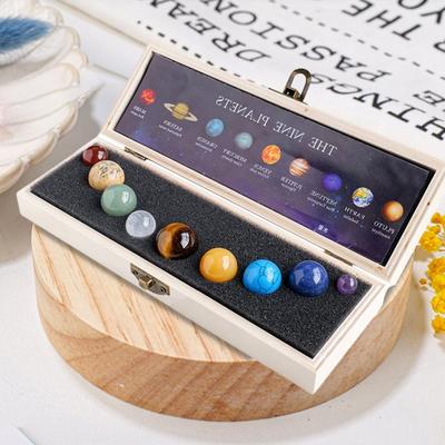 Faux Crystal 9 Planets Ball Solar Sun System Rock with Wooden Box Realistic Looking Quartz Stones Beads Desktop Decoration