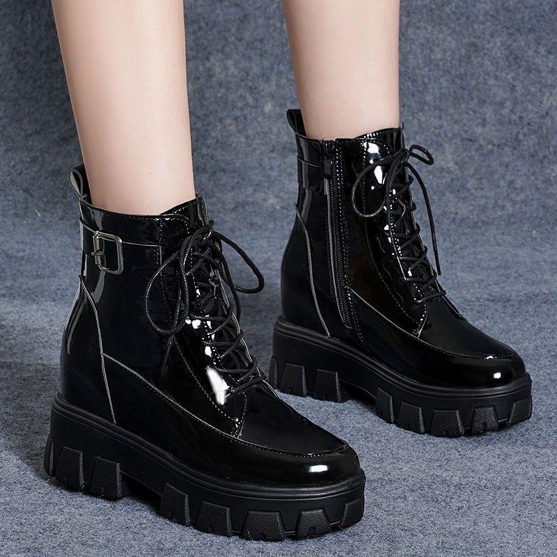 Patent leather glossy Martin boots winter soft leather inner height increase leather shoes middle tube