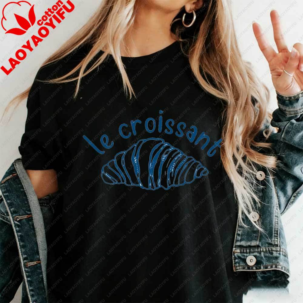 Damen Minimalist Le Croissant T-Shirt Französisch Blau Linienkunst Grafik-T-Shirt Baumwoll-T-Shirt Sommer Ästhetik Pariser Essensliebhaber Oberteile