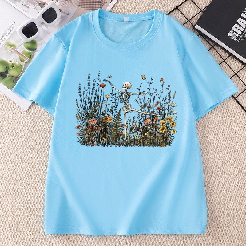 Skeleton Dancing Wildflower Tshirt Unisex Botanical Floral Cottagecore Nature Lover Tshirt Casual Round Neck Short Sleeve Tees